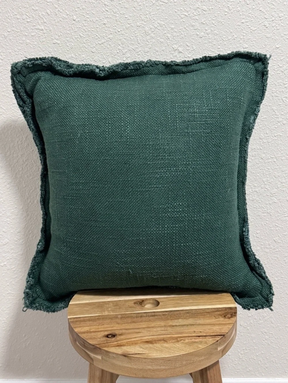 Anthropologie Luxe Emerald Green Linen Blend Pillow Cover 18x18 Fringed Edge